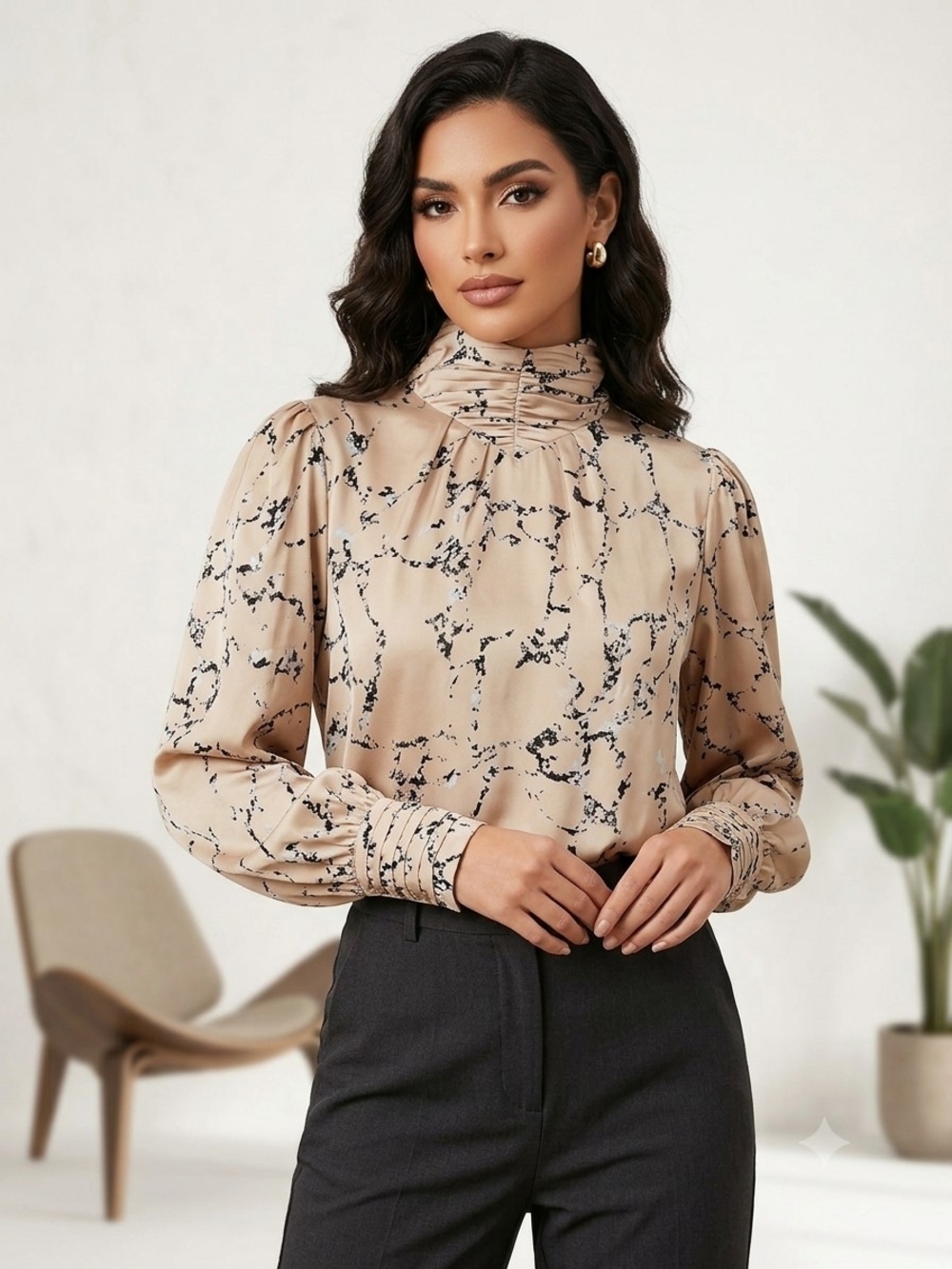 Elan Marble-Print Long Sleeve Blouse Dress in Light Pink and Black